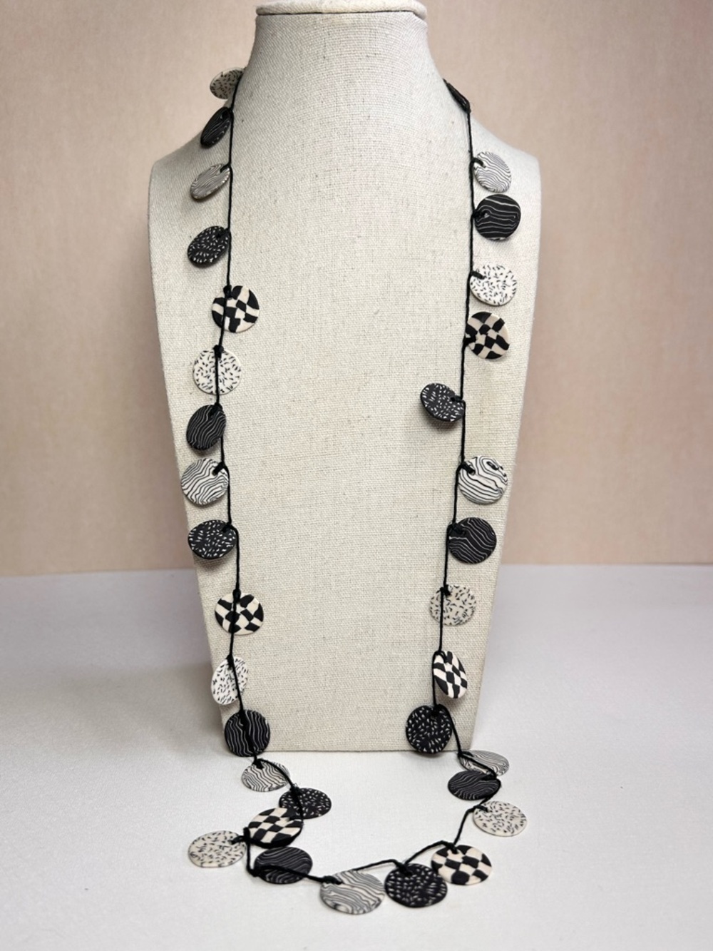 Artisan Abstract Design Porcelain Disks Long 36” Necklace